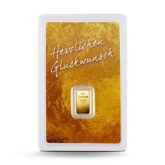 1 g Degussa Goldbarren - Geschenkblister: Herzlichen Glückwunsch