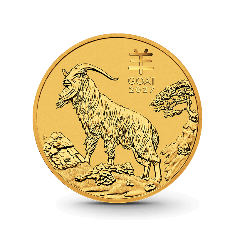 Goldmünze von vorne mit Ziege auf felsigem Boden