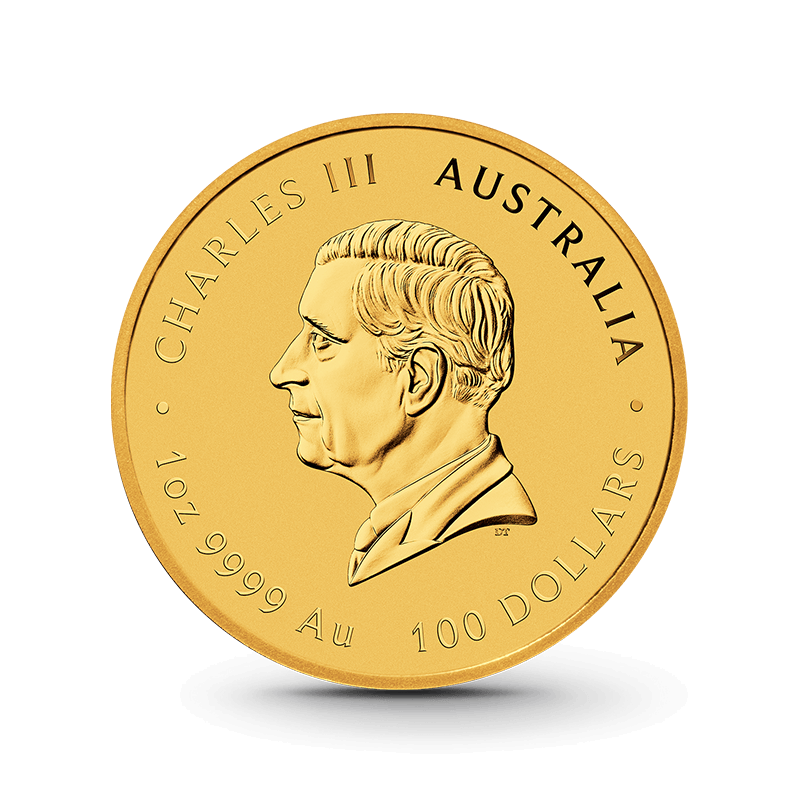 Goldmünze von hinten mit König Charles III.