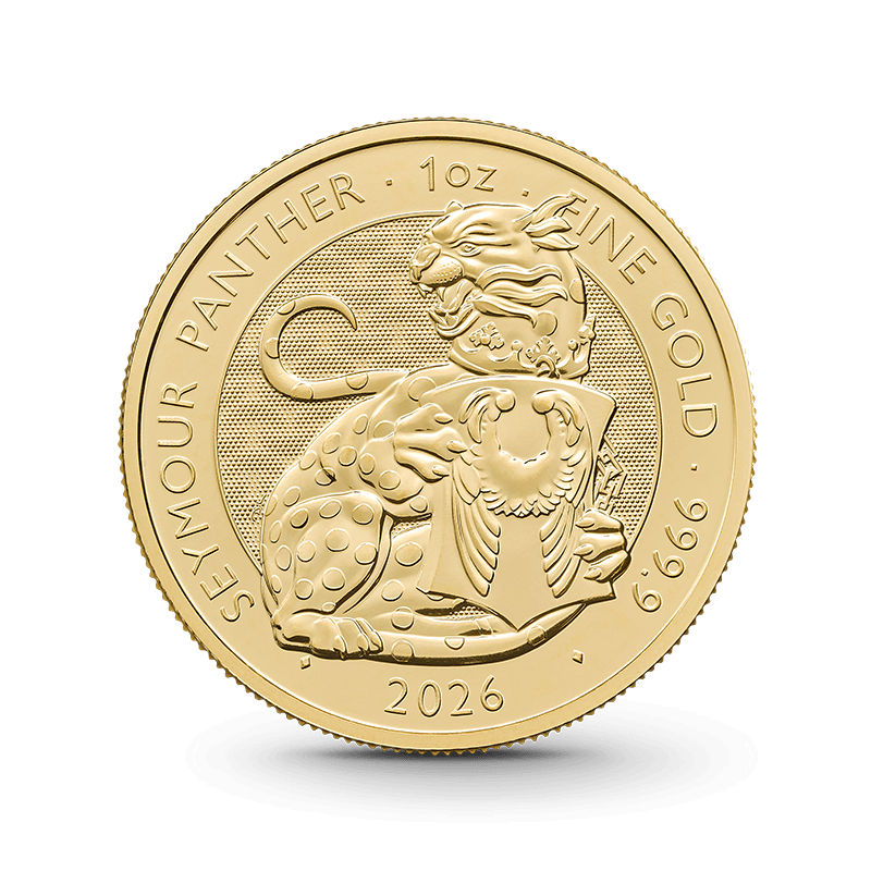 Goldmünze mit Panther und Schild von vorne