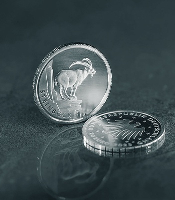 Silbermünze im Profil mit detailreicher Berggravur vor dunklem Hintergrund