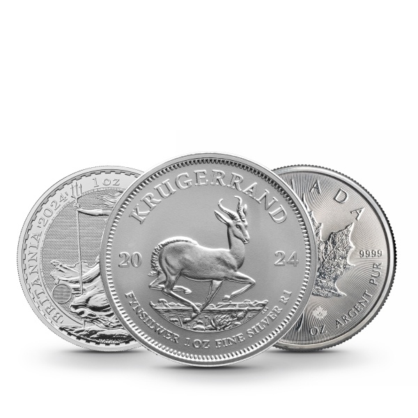 Silberanlagemünzen wie Krugerrand, Britannia und Maple Leaf nebeneinander angeordnet