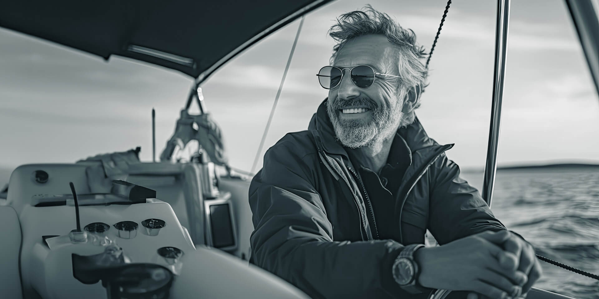 Ein Mann mittleren Alters mit Bart und Sonnenbrille blickt von seinem Boot aus zufrieden auf das Meer.