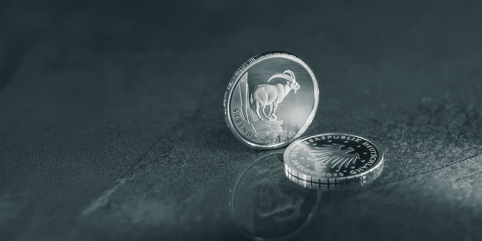 Detailaufnahme zweier deutscher Euro-Sammlermünzen mit Steinbock-Motiv