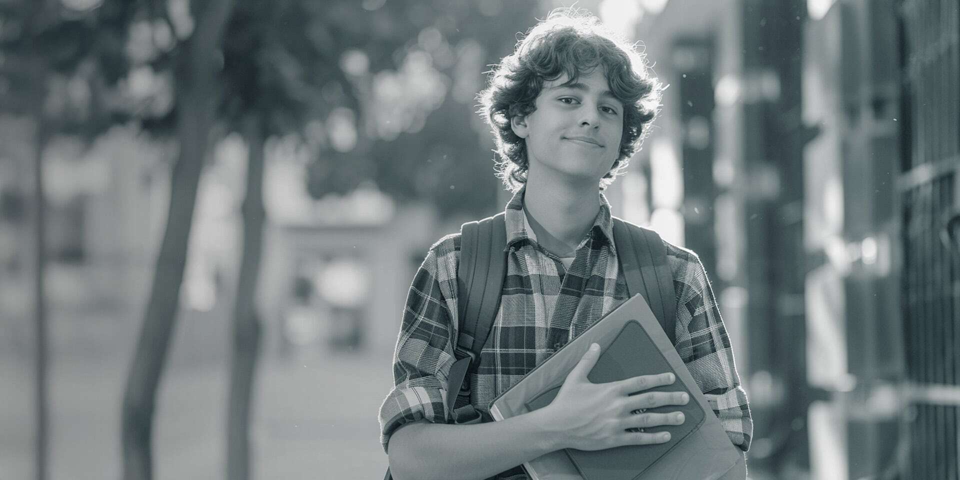 Jugendlicher mit Rucksack und Tablet lächelt selbstbewusst in die Kamera.