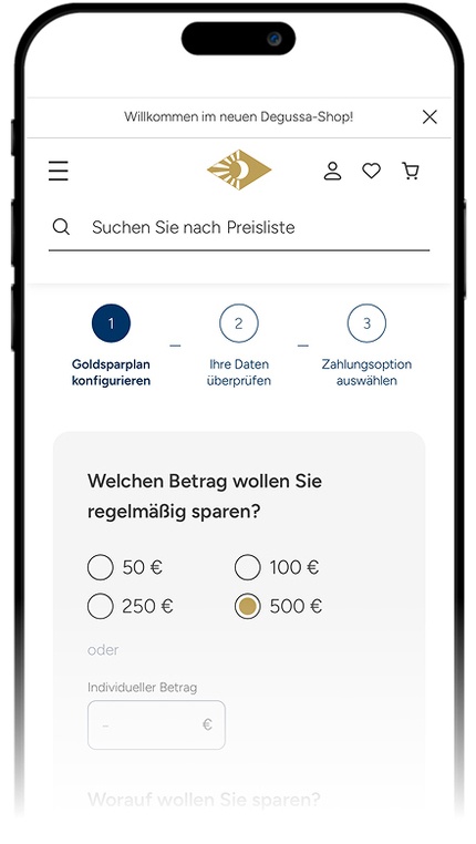 Mobile Ansicht des Degussa Goldsparplans mit Auswahl 500 € Sparbetrag und 1 oz Goldbarren.
