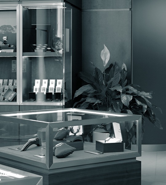 Nahaufnahme einer edlen Ausstellungsbox aus Glas und dunklem Holz