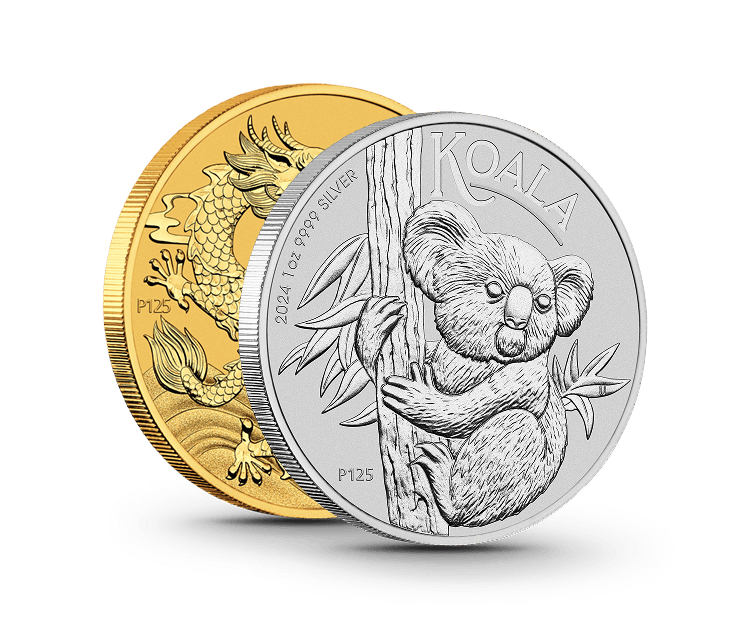Gold- und Silbermünzen mit Drachen- und Koala-Motiv aus internationalen Münzserien vor transparentem Hintergrund
