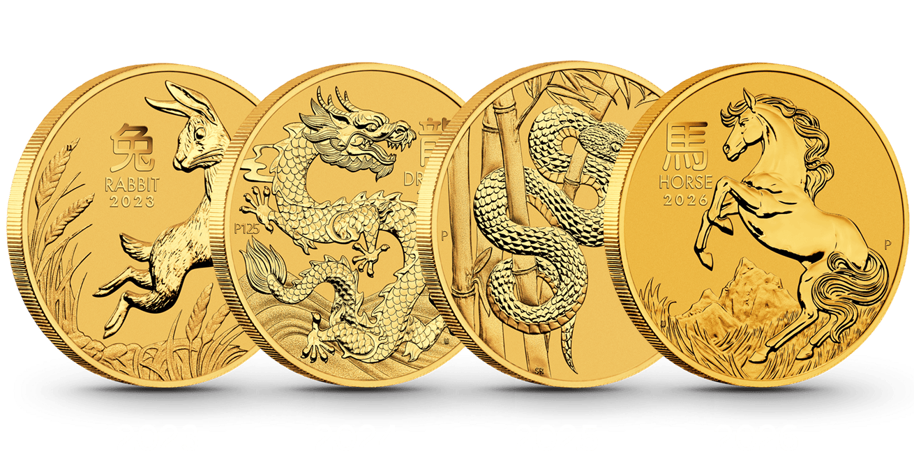 Vier Goldmünzen der Serie „Lunar 3“ aus den Jahrgängen 2023 bis 2026 mit den Motiven Hase, Drache, Schlange und Pferd
