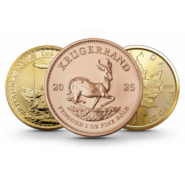 Goldmünzen Krugerrand, Britannia und Maple Leaf – klassische Anlagemünzen aus Feingold.“
