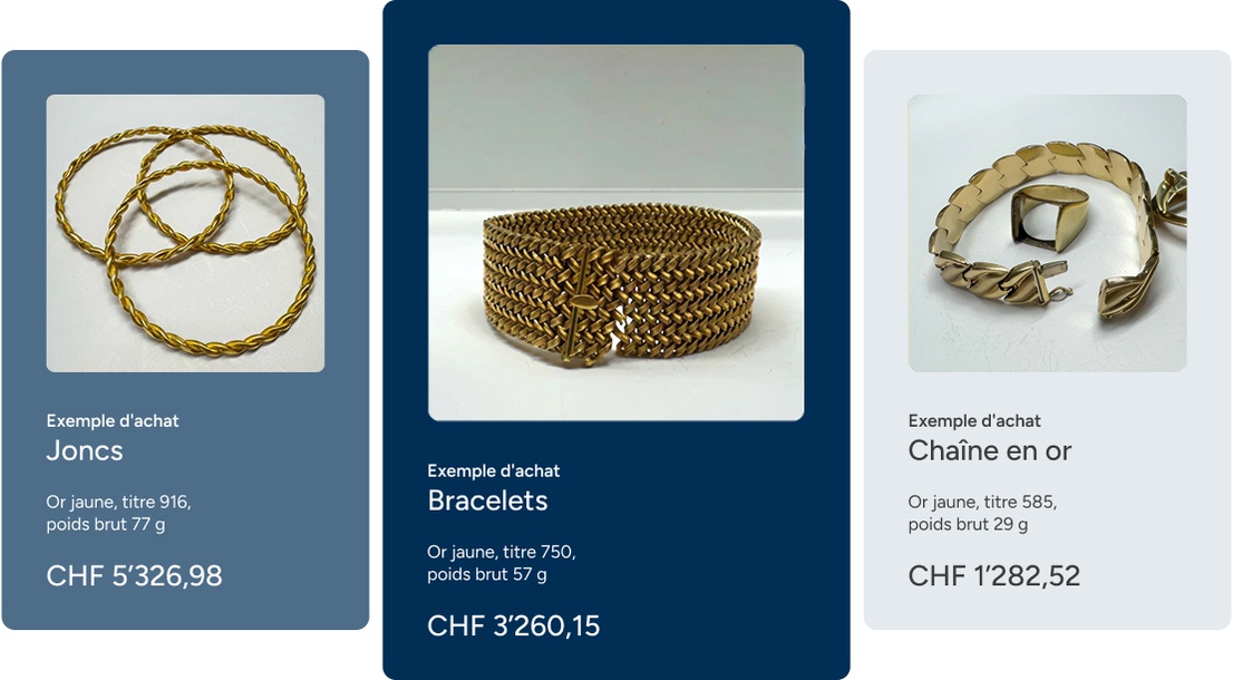 Bracelets joncs, or jaune, titre 916 : CHF 5\'900.09  Bracelet, or jaune, titre 750 : CHF 3\'610.89  Chaîne en or, or jaune, titre 585 : CHF 1\'420.50