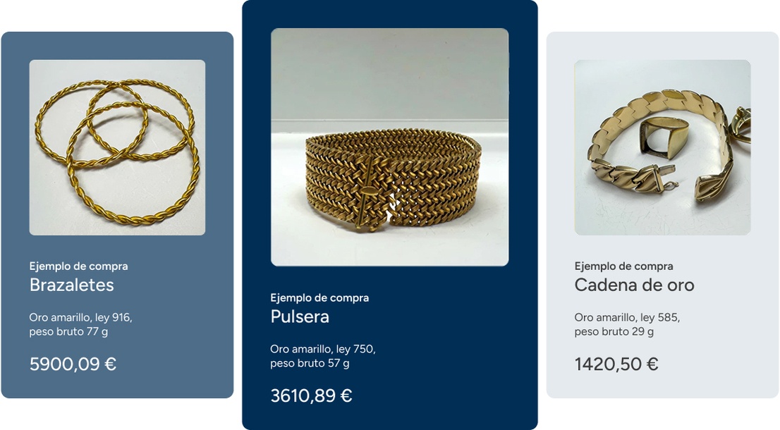 Ejemplo de compra: pulseras de oro amarillo, ley 916, peso bruto 77 g, 5.900,09 €