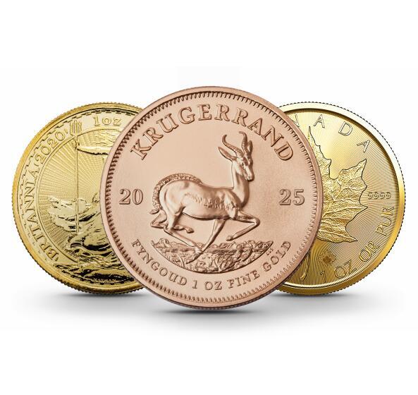 Goldmünzen Krugerrand, Britannia und Maple Leaf – klassische Anlagemünzen aus Feingold.“