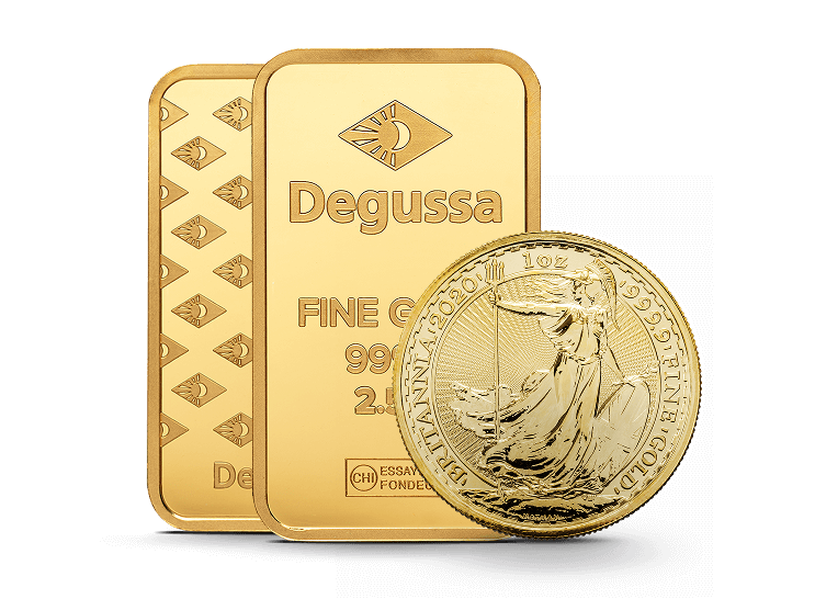 zwei Degussa-Goldbarren und eine Britannia 2020 Goldmünze